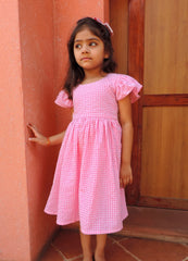 Pink And White Checkered Cotton Frock