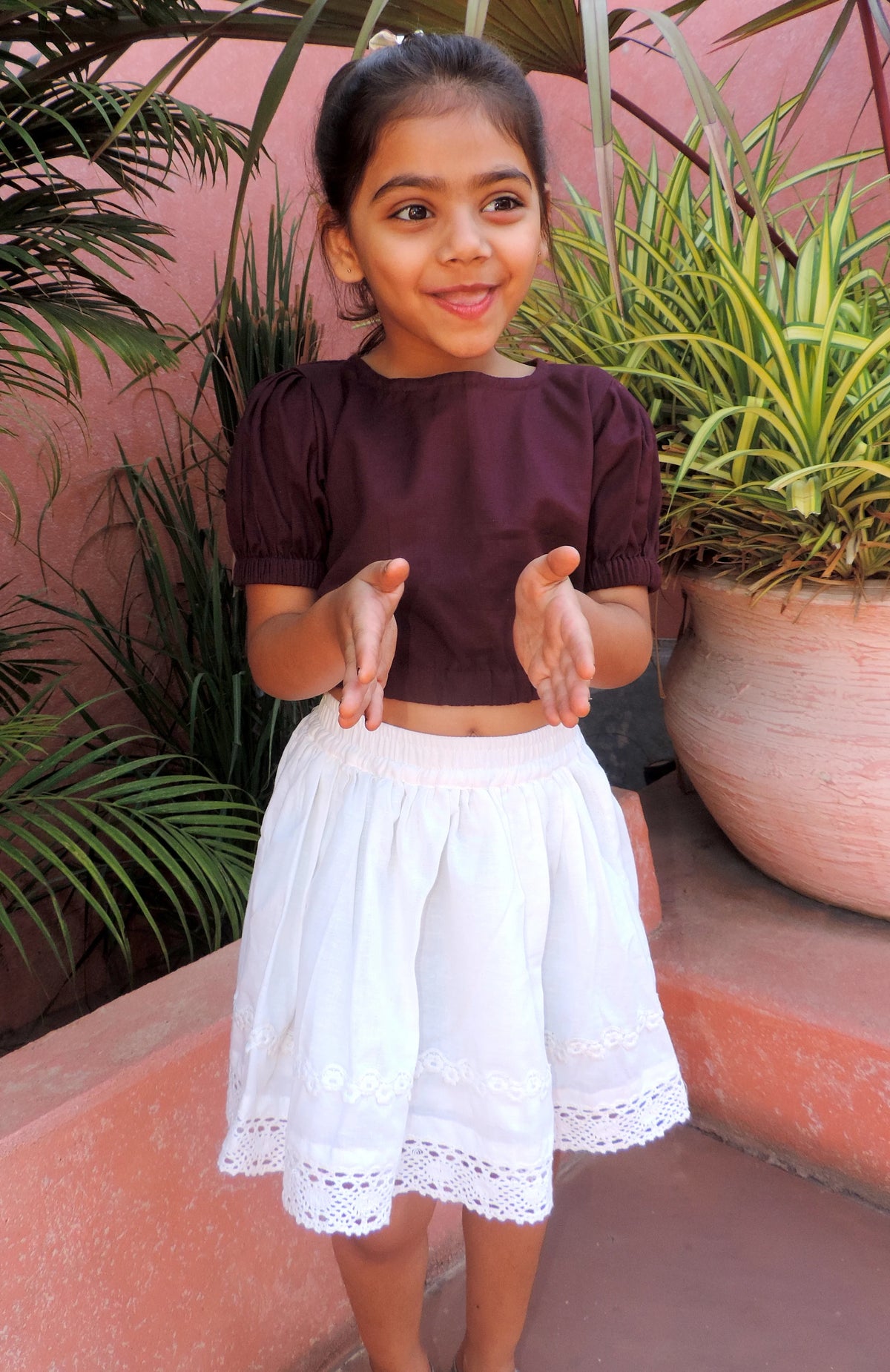 Beet Crop Top With White Linen Skirt Pair